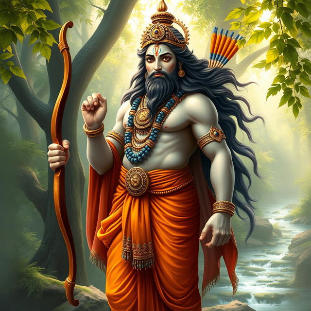 An artistic representation of Shree Ram, the Hindu god, standing tall with a bow in one hand and a quiver of arrows slung on his back