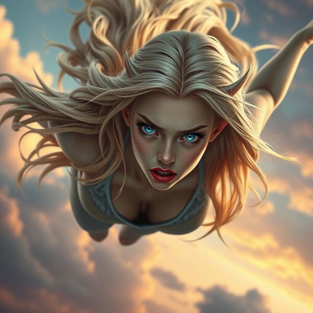 A beautiful blonde elf woman with striking blue eyes and alluring red lips, gracefully falling from the sky