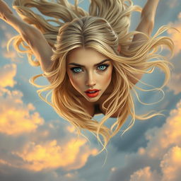 A beautiful blonde elf woman with striking blue eyes and alluring red lips, gracefully falling from the sky