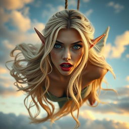 A beautiful blonde elf woman with striking blue eyes and alluring red lips, gracefully falling from the sky