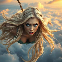 A beautiful blonde elf woman with striking blue eyes and alluring red lips, gracefully falling from the sky