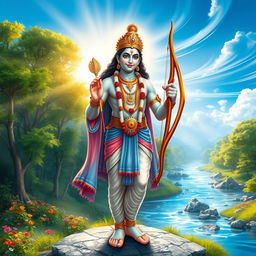 A majestic and serene depiction of Lord Rama, the hero of the epic Ramayana
