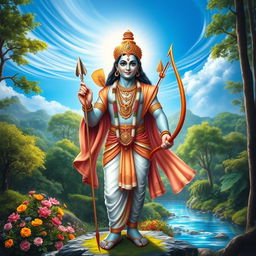A majestic and serene depiction of Lord Rama, the hero of the epic Ramayana