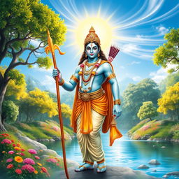 A majestic and serene depiction of Lord Rama, the hero of the epic Ramayana