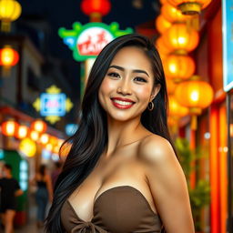 A beautiful Chinese woman with large, round breasts, showcasing a playful and flirty demeanor