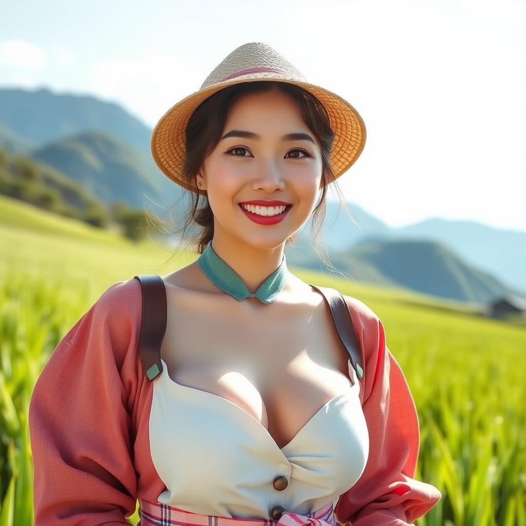 A beautiful South Korean woman with large, round breasts, exuding a playful and flirty demeanor