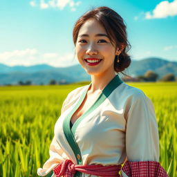 A beautiful South Korean woman with large, round breasts, exuding a playful and flirty demeanor
