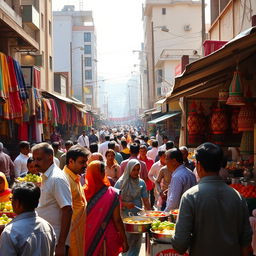 A vibrant street scene in Raipur city, showcasing its bustling markets filled with colorful textiles, fresh fruits, and traditional handicrafts