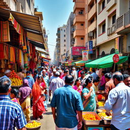 A vibrant street scene in Raipur city, showcasing its bustling markets filled with colorful textiles, fresh fruits, and traditional handicrafts