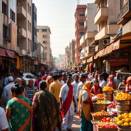 A vibrant street scene in Raipur city, showcasing its bustling markets filled with colorful textiles, fresh fruits, and traditional handicrafts