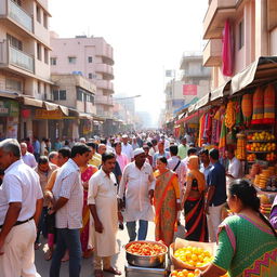 A vibrant street scene in Raipur city, showcasing its bustling markets filled with colorful textiles, fresh fruits, and traditional handicrafts