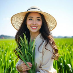 A beautiful South Korean woman with large round breasts, playfully posing in a scenic rice field