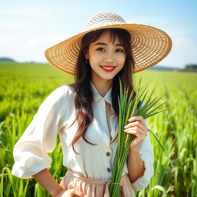 A beautiful South Korean woman with large round breasts, playfully posing in a scenic rice field