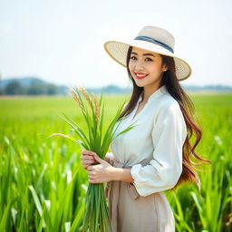 A beautiful South Korean woman with large round breasts, playfully posing in a scenic rice field