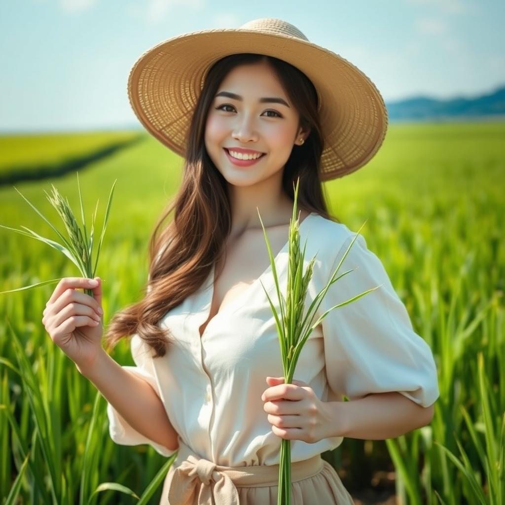 A beautiful South Korean woman with large round breasts, playfully posing in a scenic rice field