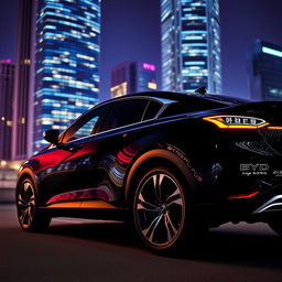 A striking black BYD Song Plus electric vehicle with sleek black alloy wheels parked against a dramatic urban backdrop at dusk