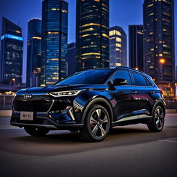 A striking black BYD Song Plus electric vehicle with sleek black alloy wheels parked against a dramatic urban backdrop at dusk