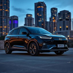 A striking black BYD Song Plus electric vehicle with sleek black alloy wheels parked against a dramatic urban backdrop at dusk