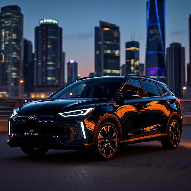 A striking black BYD Song Plus electric vehicle with sleek black alloy wheels parked against a dramatic urban backdrop at dusk