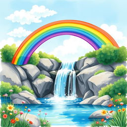 A vibrant and colorful rainbow arching gracefully over a sparkling waterfall, surrounded by lush greenery and wildflowers