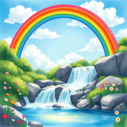 A vibrant and colorful rainbow arching gracefully over a sparkling waterfall, surrounded by lush greenery and wildflowers