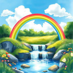 A vibrant and colorful rainbow arching gracefully over a sparkling waterfall, surrounded by lush greenery and wildflowers