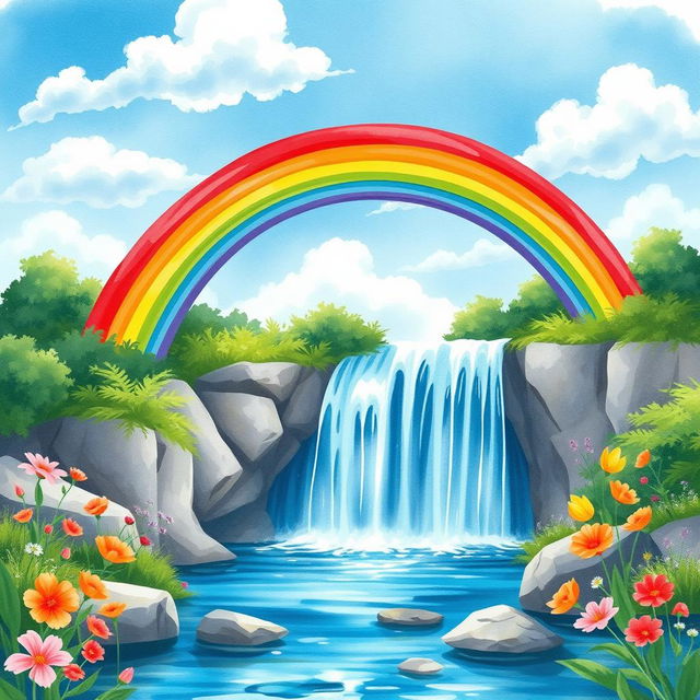 A vibrant and colorful rainbow arching gracefully over a sparkling waterfall, surrounded by lush greenery and wildflowers