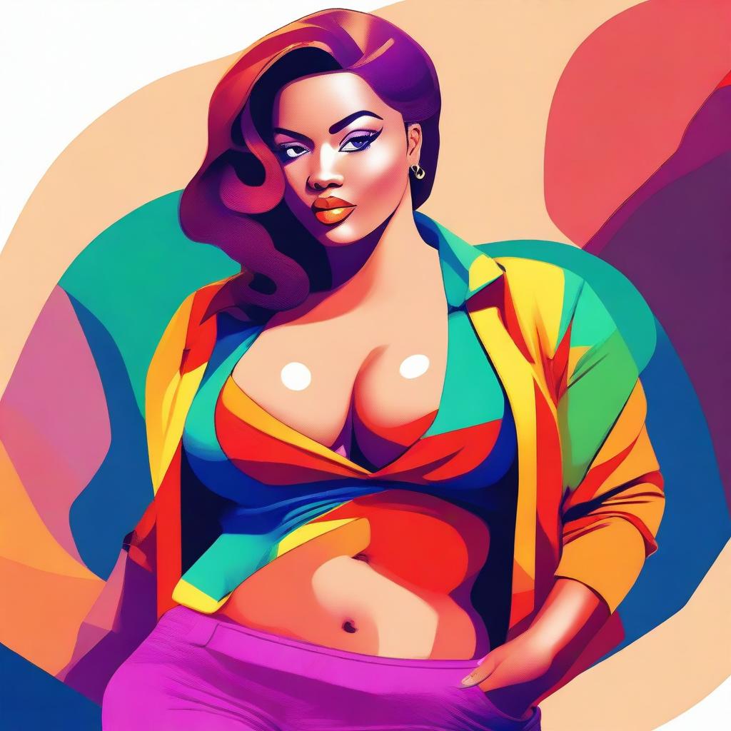 A digital art image of a young woman with a voluptuous figure