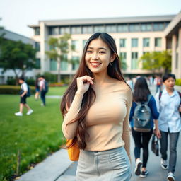A beautiful South Korean university student with large round breasts, playfully posing on a college campus