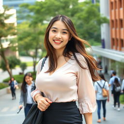 A beautiful South Korean university student with large round breasts, exuding a charming and playful attitude