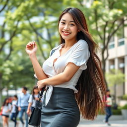 A beautiful South Korean university student with large round breasts, exuding a charming and playful attitude