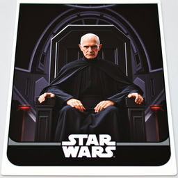 A collector card featuring Emperor Palpatine seated on his throne from the Death Star in Star Wars: Episode VI - Return of the Jedi