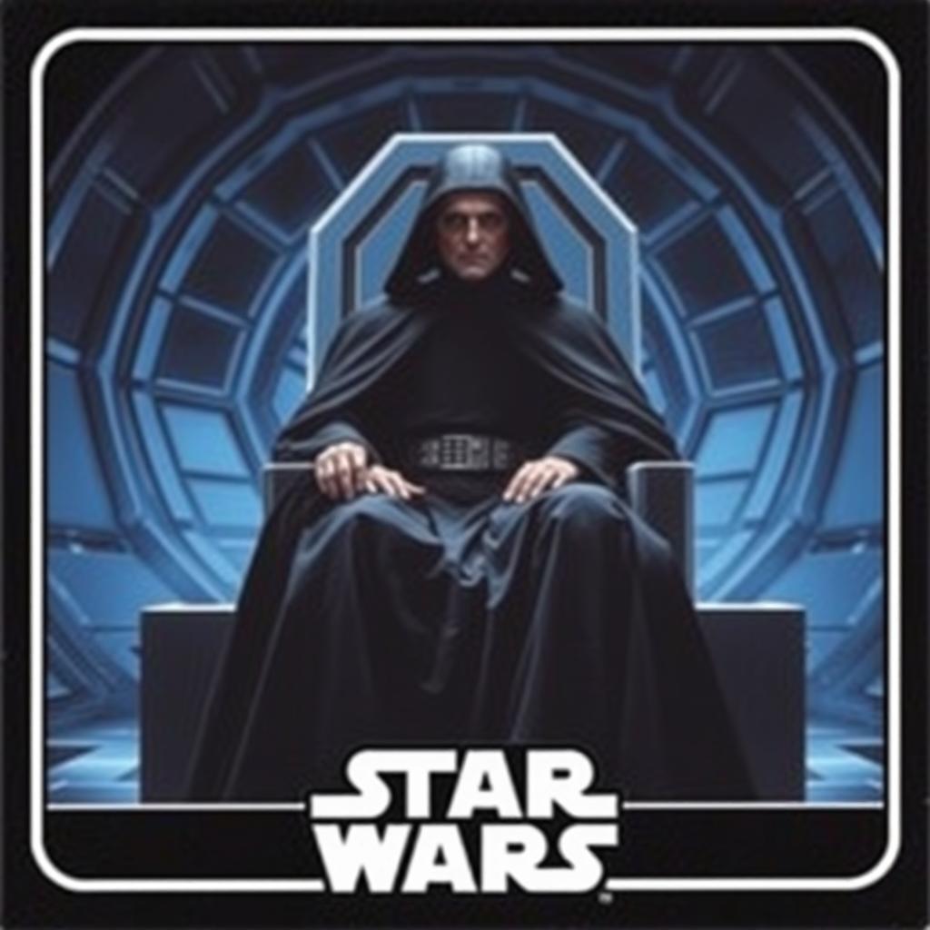 A collector card featuring Emperor Palpatine seated on his throne from the Death Star in Star Wars: Episode VI - Return of the Jedi