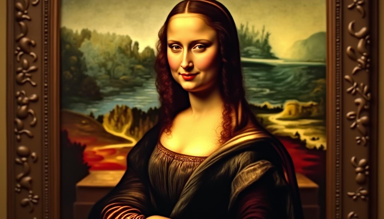 An artistic reinterpretation of the Mona Lisa, featuring a playful and cheeky expression