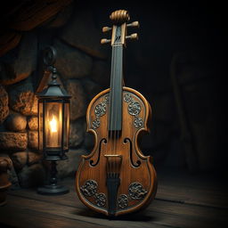 A detailed representation of a Schandgeige, an ancient German punishment instrument resembling a wooden violin, adorned with intricate carvings and displaying historical features