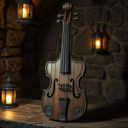 A detailed representation of a Schandgeige, an ancient German punishment instrument resembling a wooden violin, adorned with intricate carvings and displaying historical features