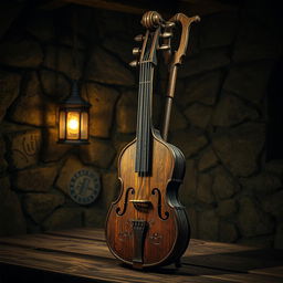 A detailed representation of a Schandgeige, an ancient German punishment instrument resembling a wooden violin, adorned with intricate carvings and displaying historical features