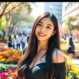 A beautiful South Korean university student with large, round breasts, radiating a playful and cheeky charm