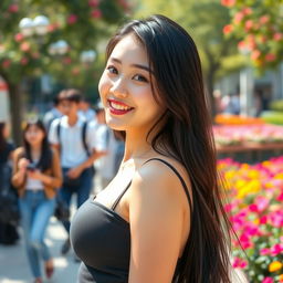 A beautiful South Korean university student with large, round breasts, radiating a playful and cheeky charm