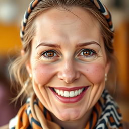 A 34-year-old woman with brown eyes and freckles adorning her cheeks, wearing a stylish scarf in her hair