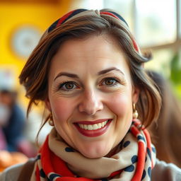 A 34-year-old woman with brown eyes and freckles adorning her cheeks, wearing a stylish scarf in her hair