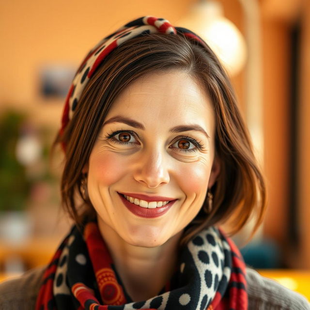 A 34-year-old woman with brown eyes and freckles adorning her cheeks, wearing a stylish scarf in her hair