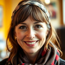 A 34-year-old woman with brown eyes and freckles adorning her cheeks, wearing a stylish scarf in her hair