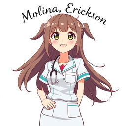 A cheerful anime nurse character, dressed in a stylish and modern nurse uniform