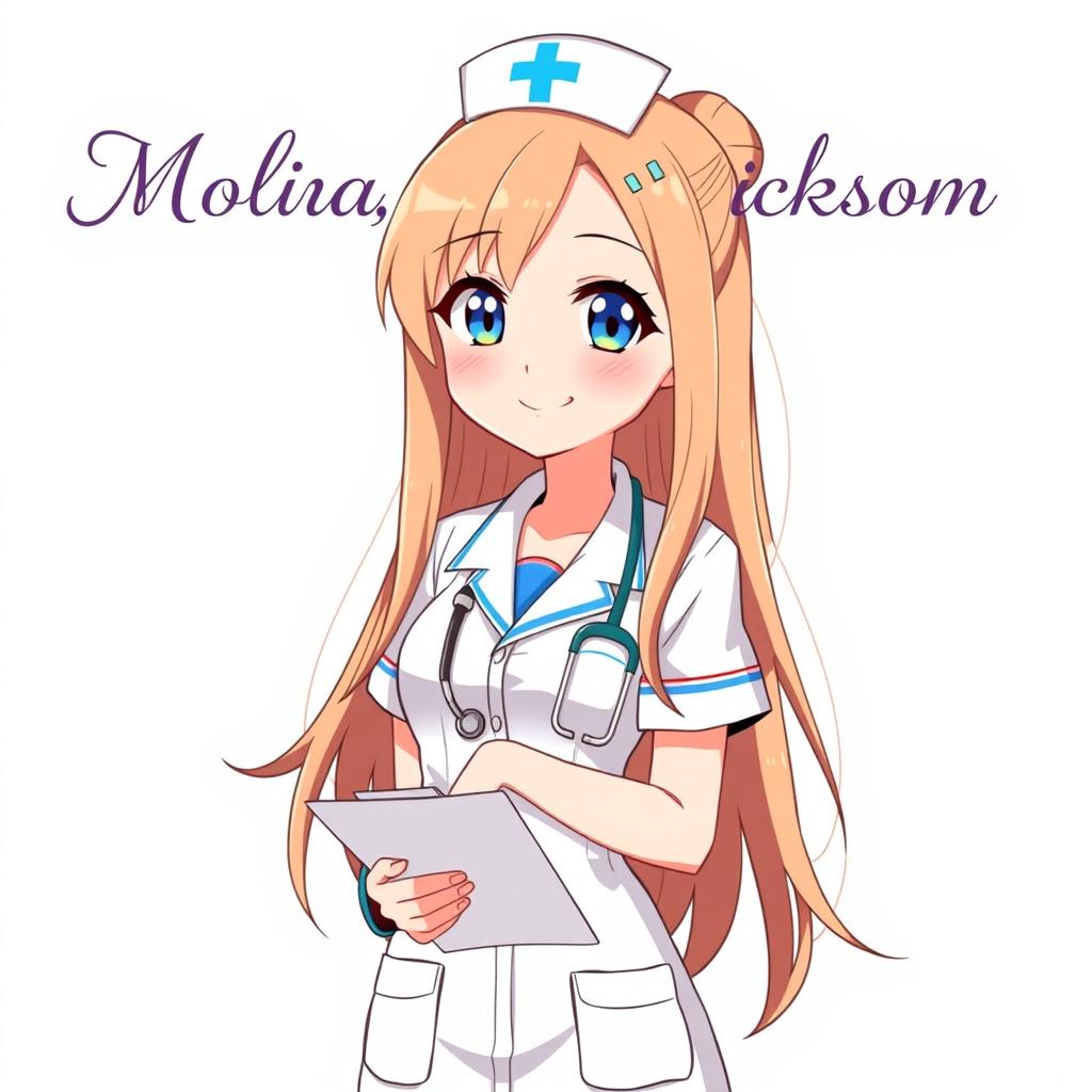 A cheerful anime nurse character, dressed in a stylish and modern nurse uniform