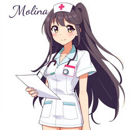 A cheerful anime nurse character, dressed in a stylish and modern nurse uniform