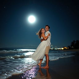 A romantic scene depicting a couple embracing each other under a starry night sky