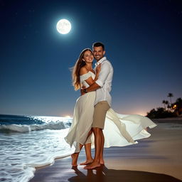 A romantic scene depicting a couple embracing each other under a starry night sky