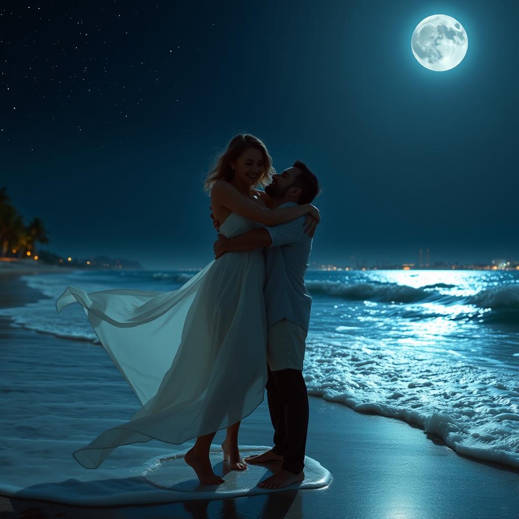 A romantic scene depicting a couple embracing each other under a starry night sky