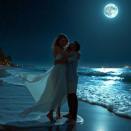 A romantic scene depicting a couple embracing each other under a starry night sky